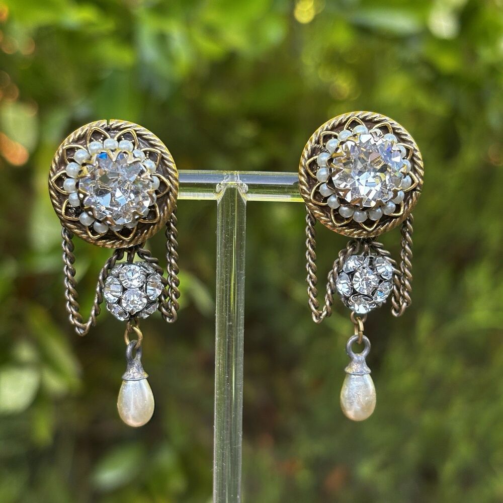 Vintage Victorian Revival Rhinestone & Faux Pearl Dangle Clip On Earrings